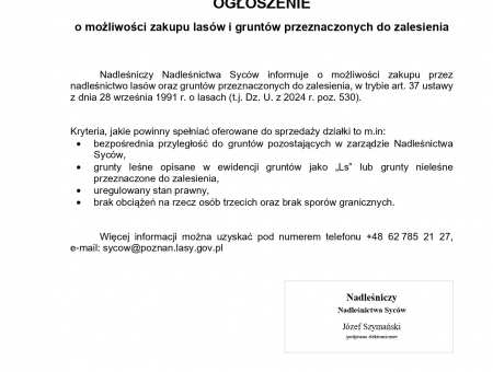 Ogłoszeenie o możliwości zakupu lasów i gruntów przeznaczonych do zalesienia